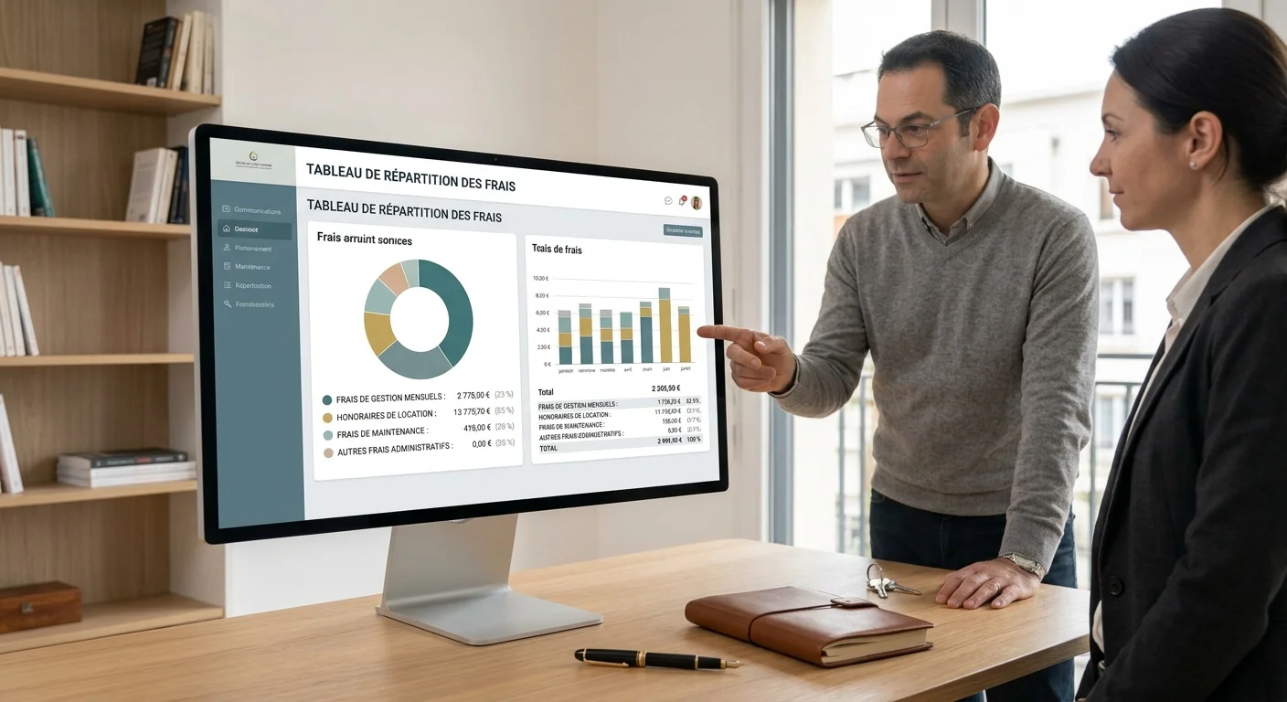 Propriétaire et gestionnaire consultant un tableau de répartition des frais de gestion locative