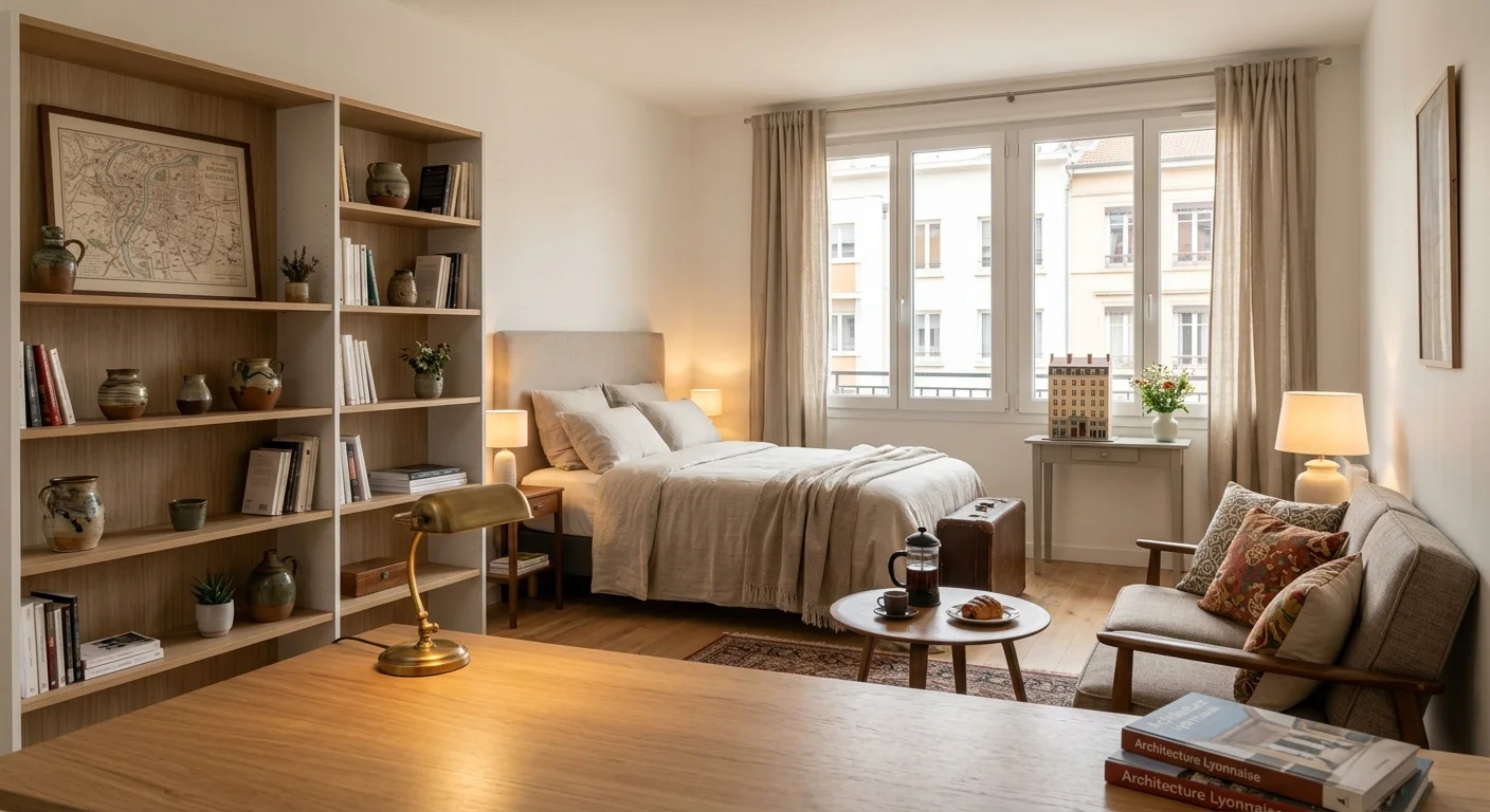 Chambre meublée d'un logement en location avec mobilier et équipements fournis au locataire