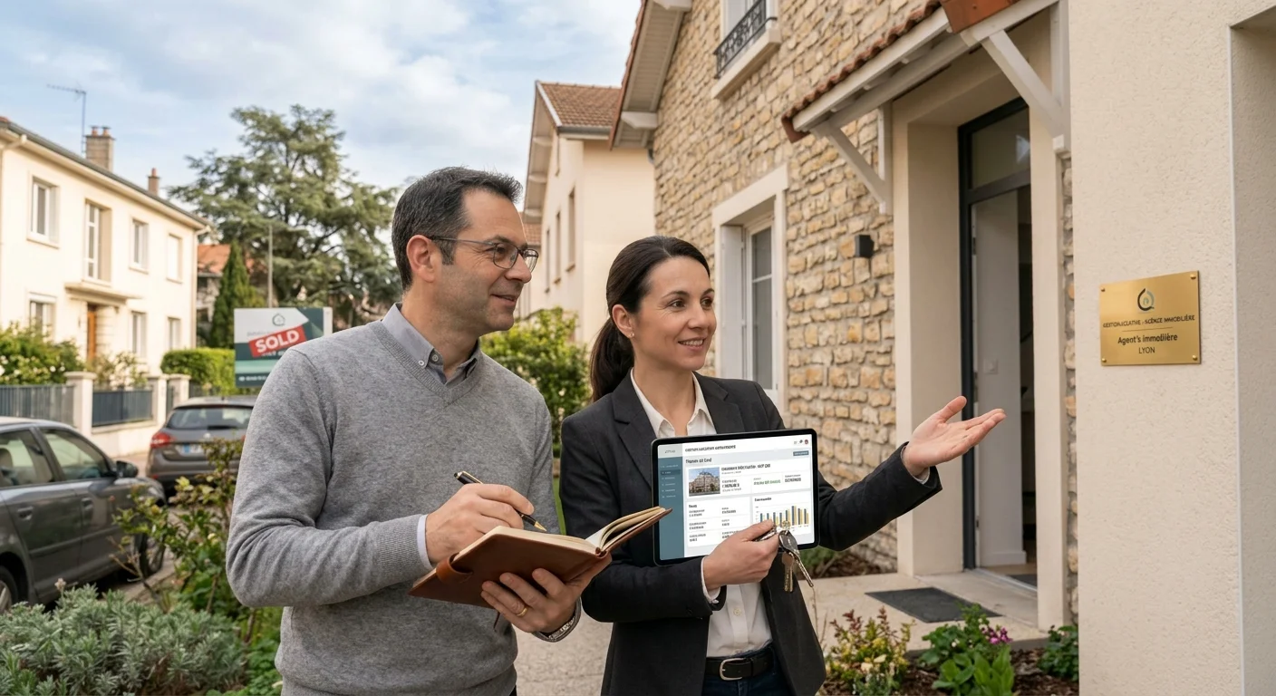 Propriétaire échangeant avec une agente immobilière devant un logement en gestion locative