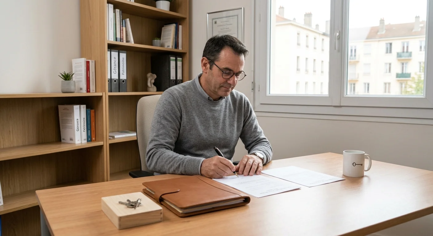 Gestionnaire de biens signant un mandat de gestion locative dans son bureau