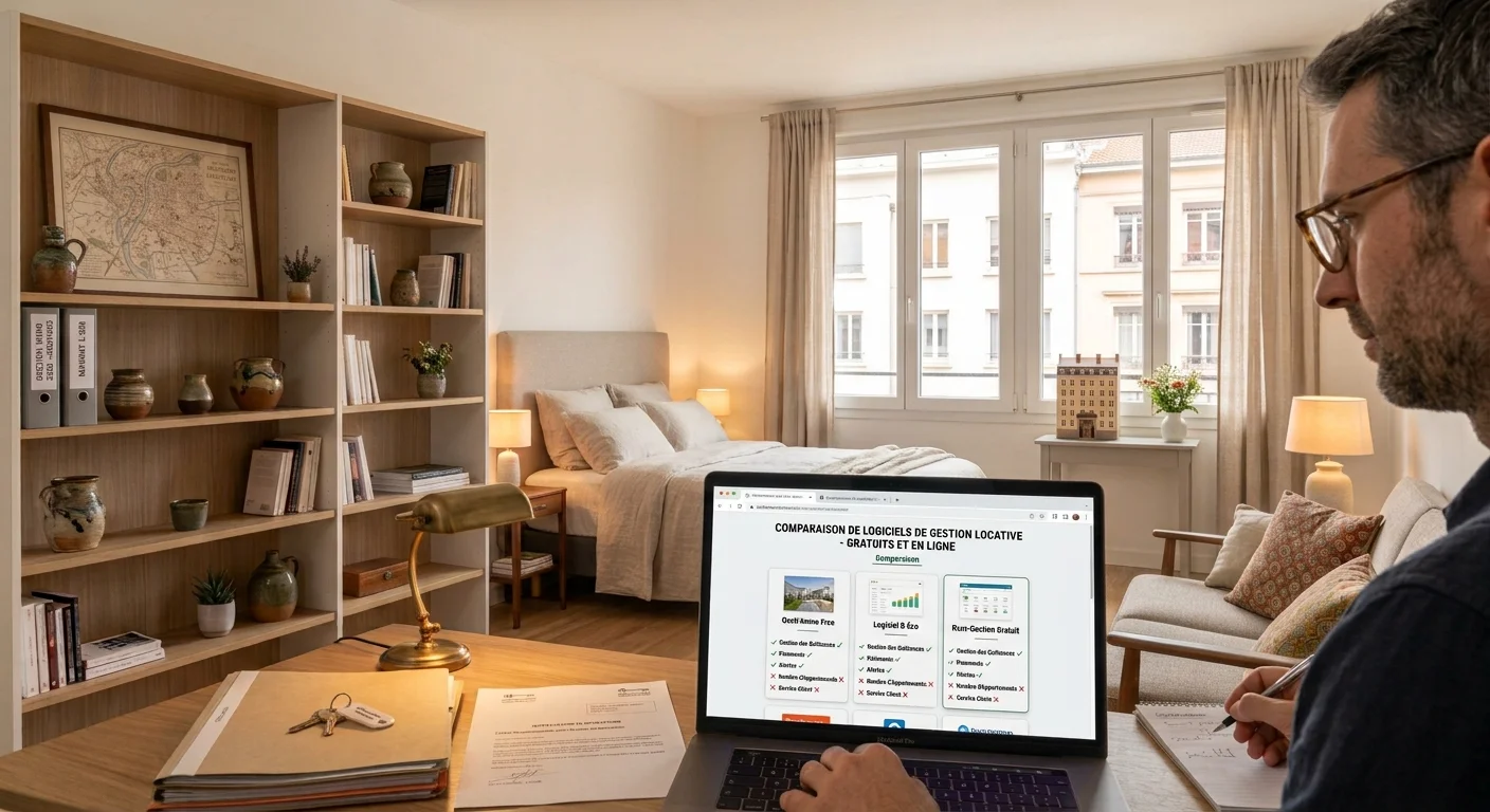 Propriétaire comparant des logiciels de gestion locative gratuits sur son ordinateur portable