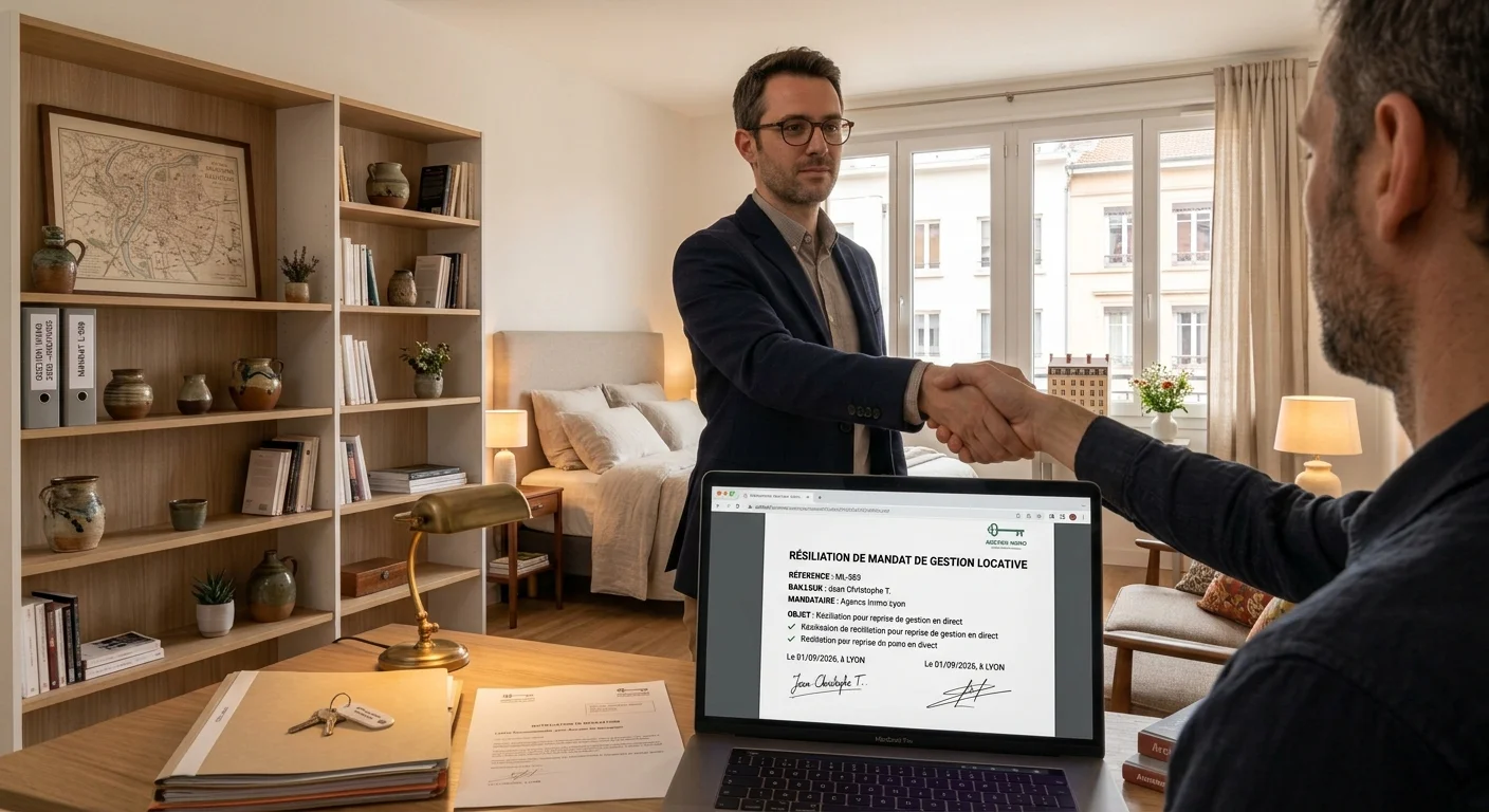 Propriétaire signant une lettre de résiliation de mandat de gestion locative