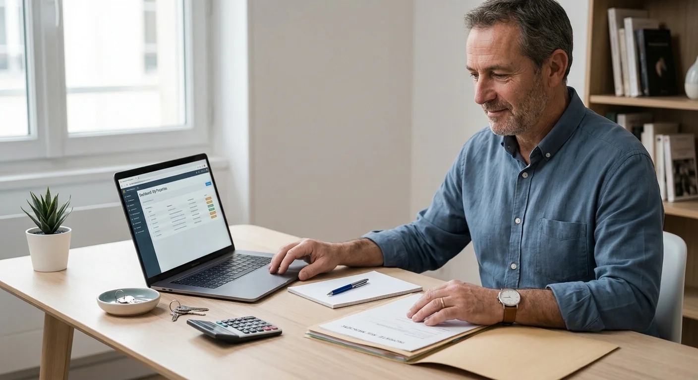 Propriétaire bailleur consultant son tableau de bord de gestion locative sur ordinateur portable