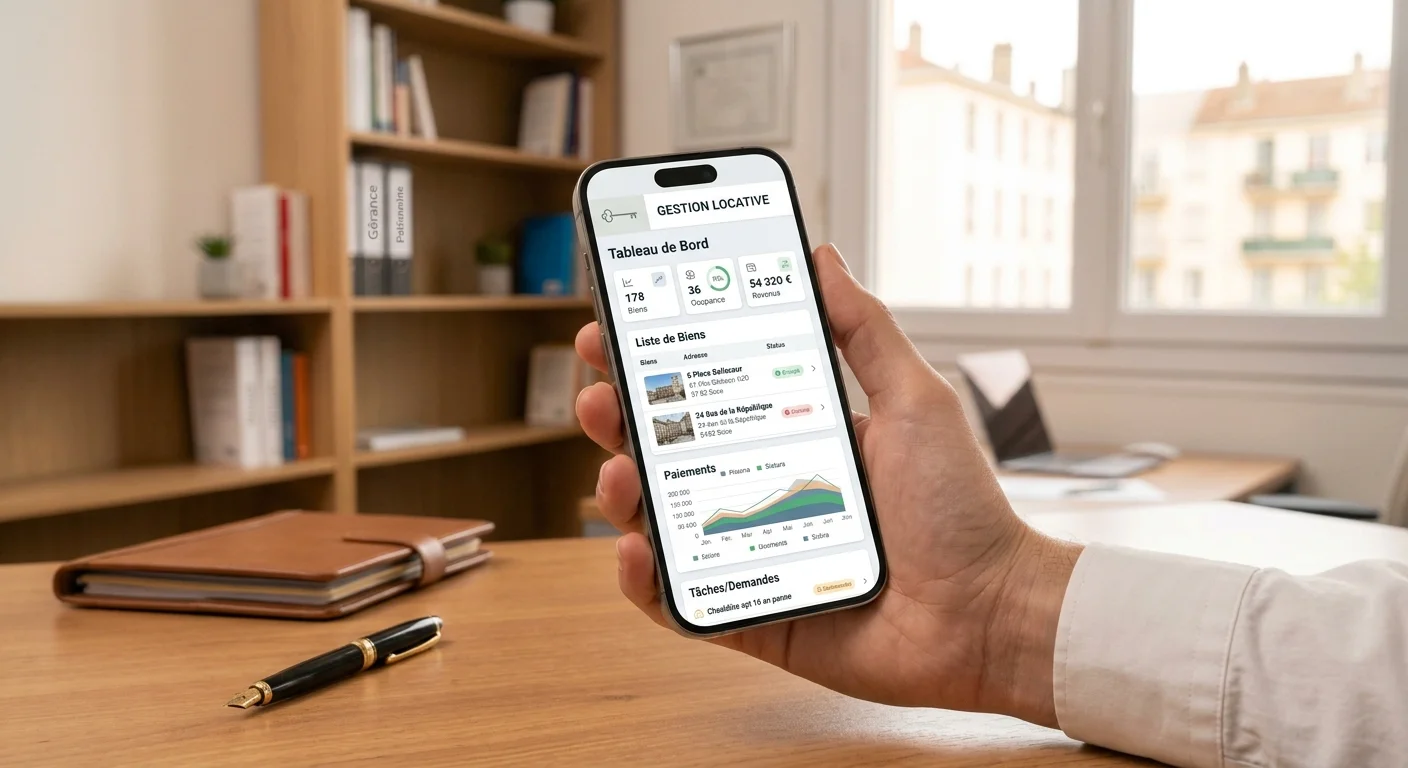 Propriétaire consultant son logiciel de gestion locative depuis une application mobile