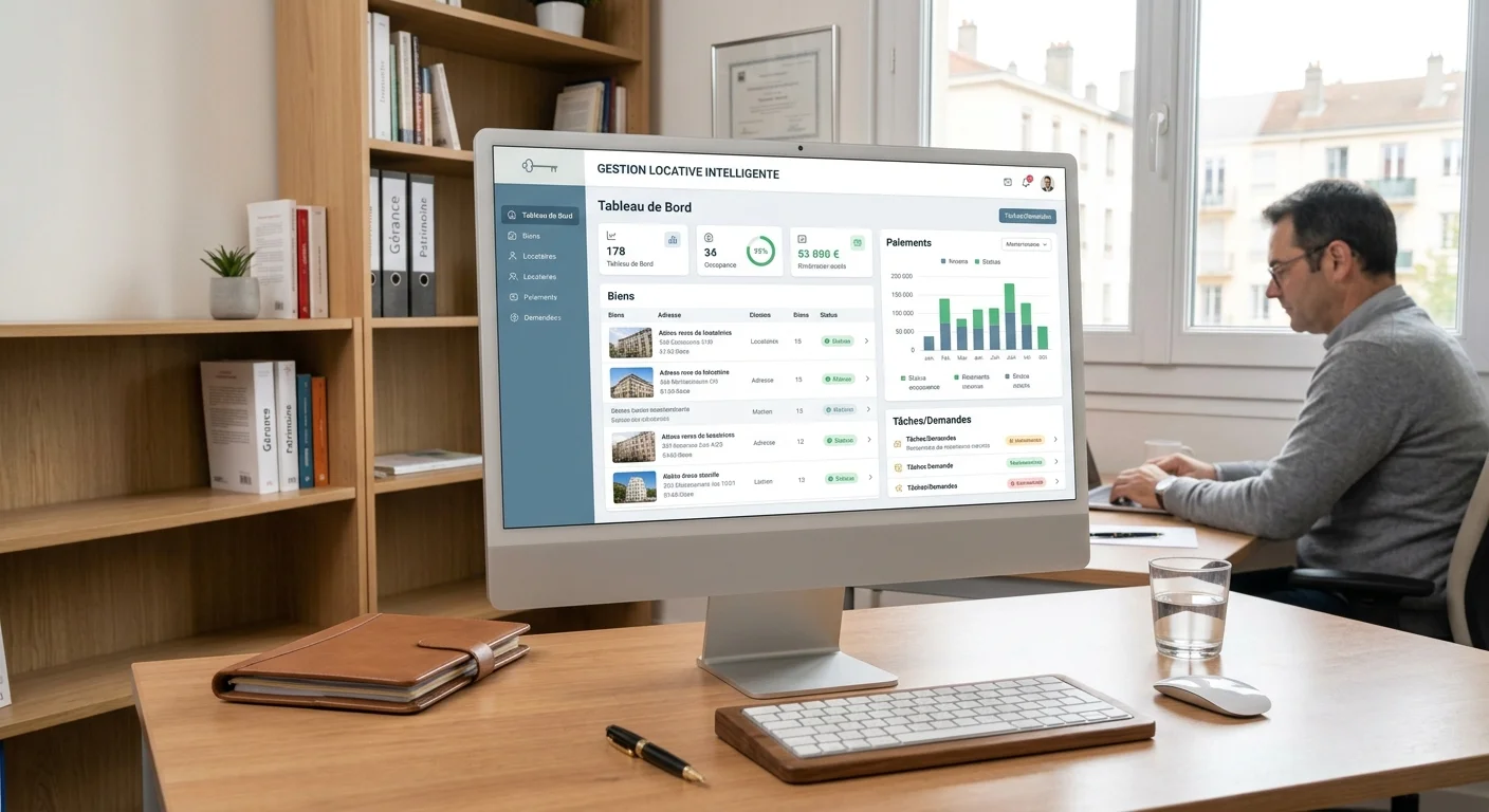 Tableau de bord d'un logiciel de gestion locative affiché sur un écran d'ordinateur