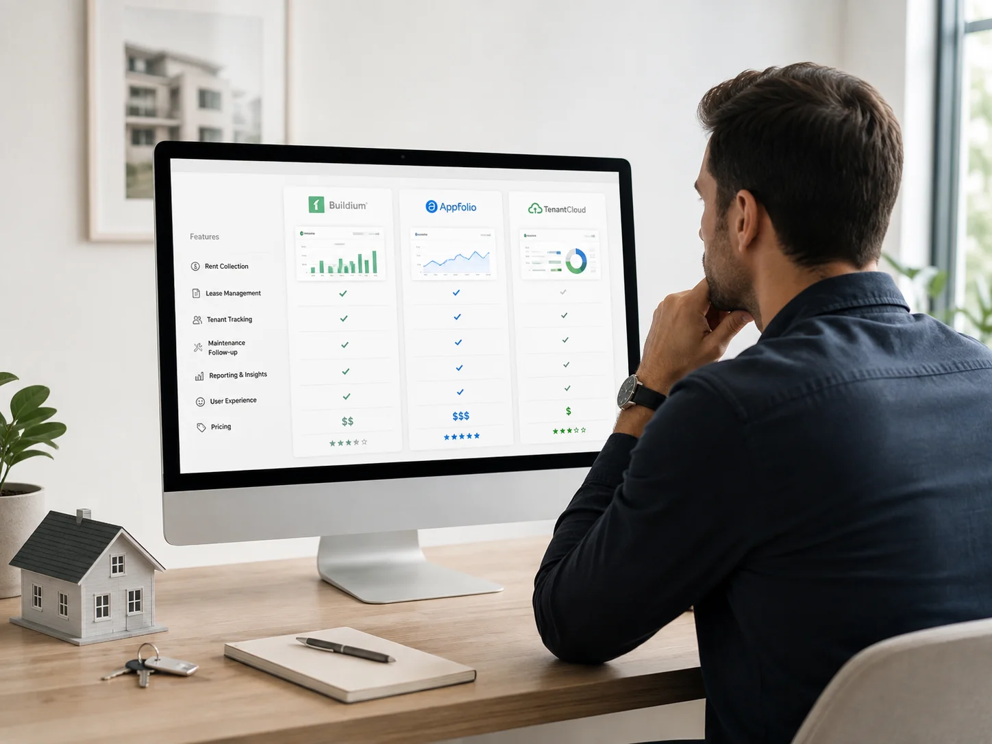 Propriétaire comparant plusieurs logiciels de gestion locative sur son ordinateur